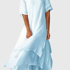 Women's Elegant Midi Dress - Flowing Open Neckline | Spring - Blue