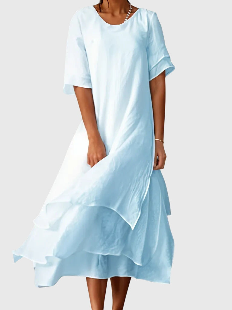 Women's Elegant Midi Dress - Flowing Open Neckline | Spring - Blue
