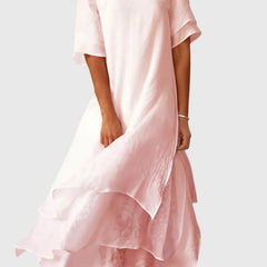 Women's Elegant Midi Dress - Flowing Open Neckline | Spring - Pink