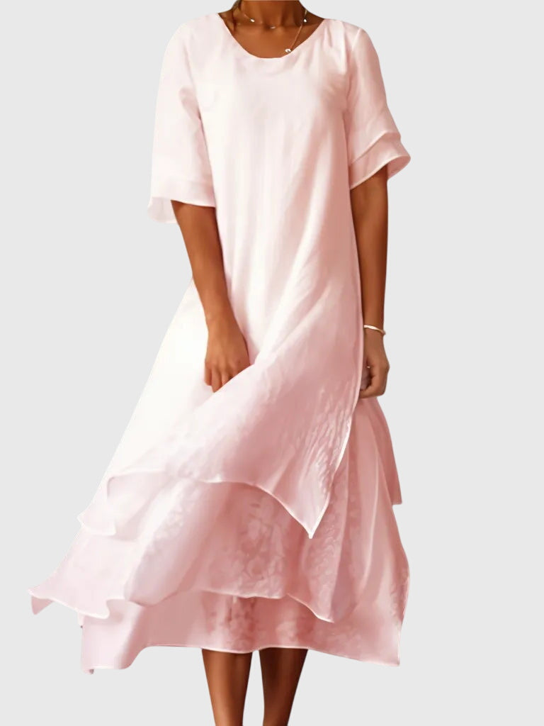 Women's Elegant Midi Dress - Flowing Open Neckline | Spring - Pink