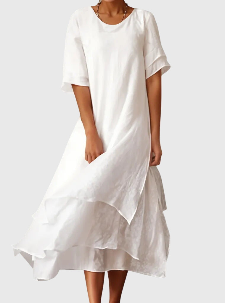 Women's Elegant Midi Dress - Flowing Open Neckline | Spring - White