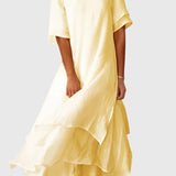 Women's Elegant Midi Dress - Flowing Open Neckline | Spring - Yellow
