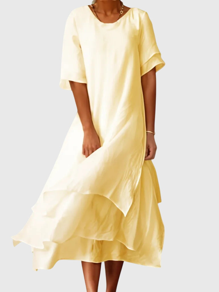 Women's Elegant Midi Dress - Flowing Open Neckline | Spring - Yellow
