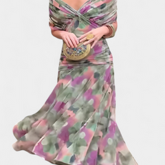 Women's Elegant Midi Dress - Flowing Silhouette | Spring - Purple Mix