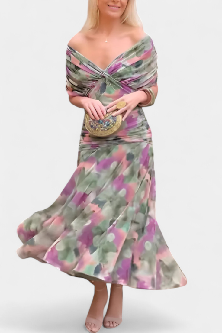 Women's Elegant Midi Dress - Flowing Silhouette | Spring - Purple Mix