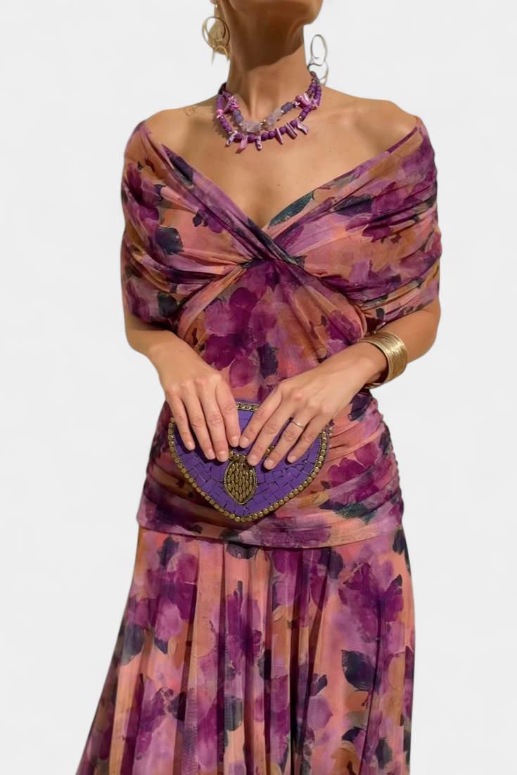 Women's Elegant Midi Dress - Flowing Silhouette | Spring - Purple