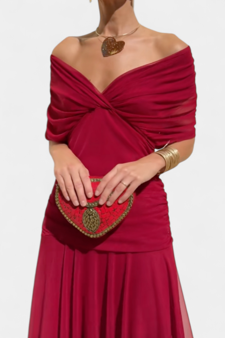 Women's Elegant Midi Dress - Flowing Silhouette | Spring - Red