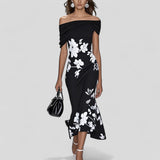 Women's Elegant Midi Dress - Statement Print | Summer - Black