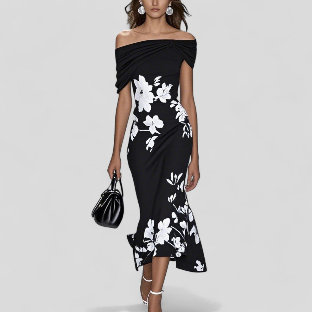 Women's Elegant Midi Dress - Statement Print | Summer - Black