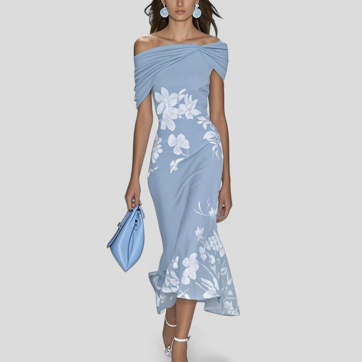 Women's Elegant Midi Dress - Statement Print | Summer - Blue
