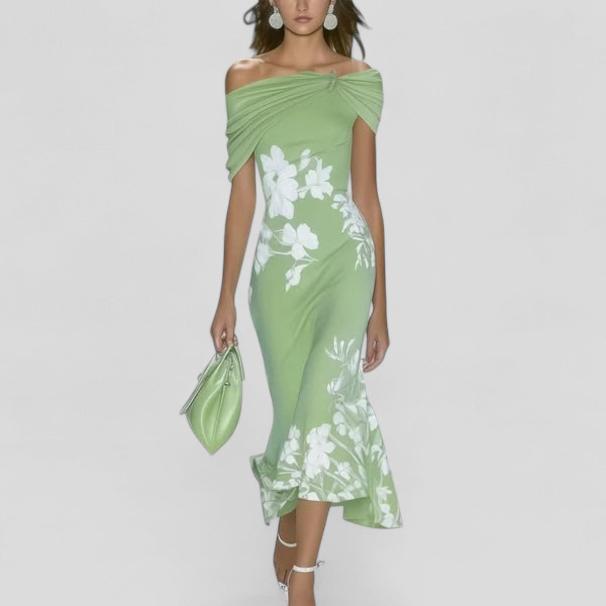 Women's Elegant Midi Dress - Statement Print | Summer - Green