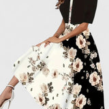 Women's Elegant Midi Dress - Tailored Silhouette | Spring - Black Floral