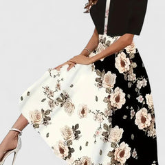 Women's Elegant Midi Dress - Tailored Silhouette | Spring - Black Floral