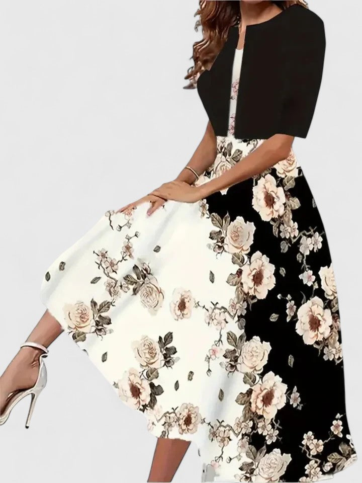 Women's Elegant Midi Dress - Tailored Silhouette | Spring - Black Floral