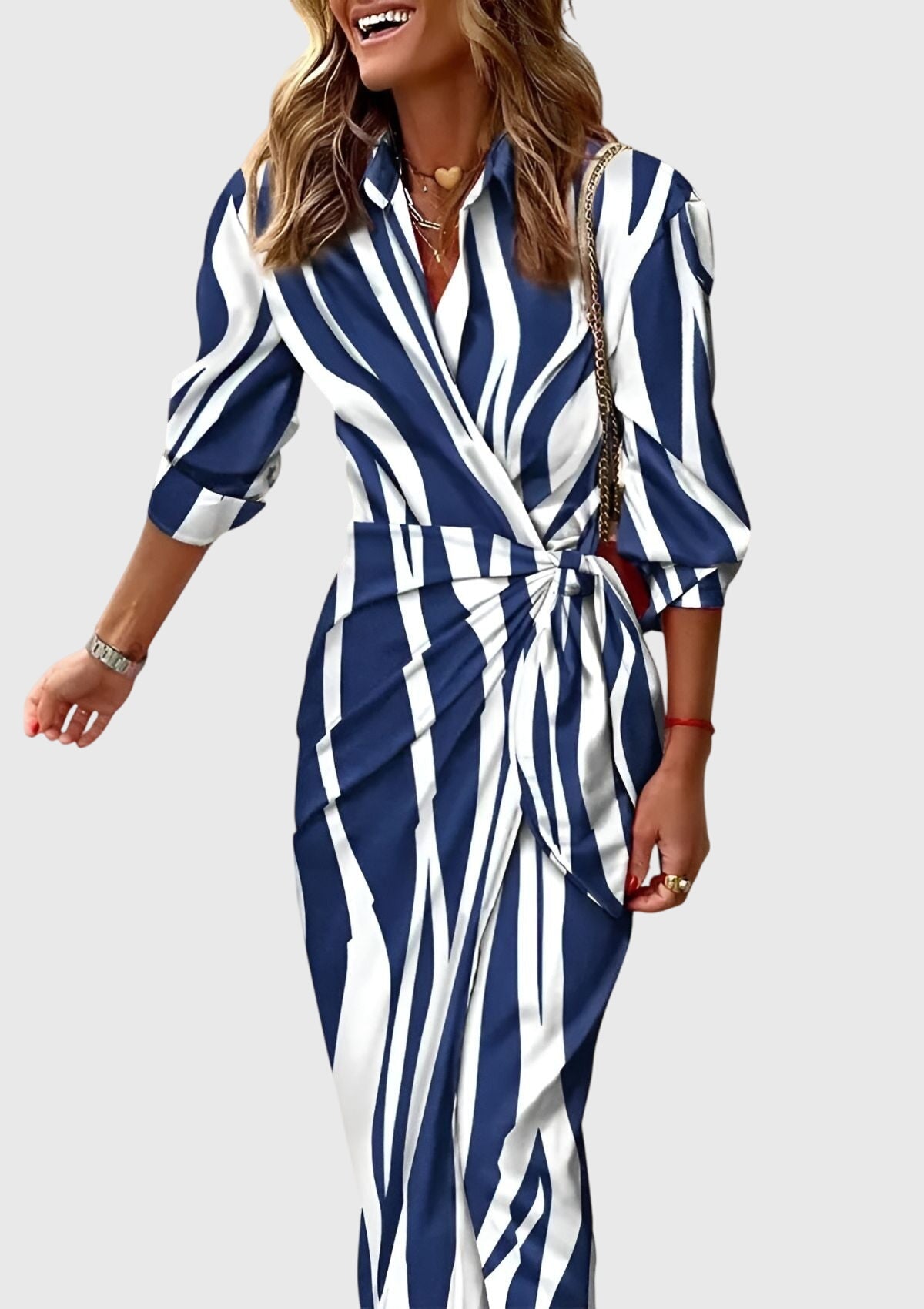 Women's Elegant Wrap Dress with Print - Flattering Fit | Spring - Blue