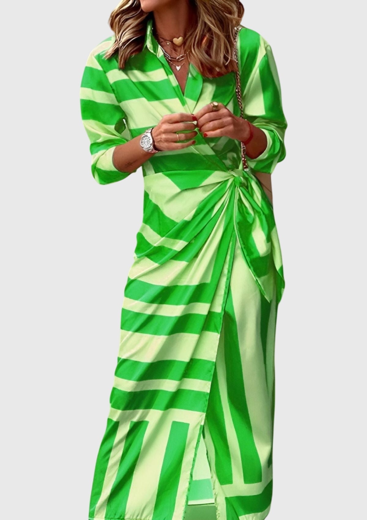 Women's Elegant Wrap Dress with Print - Flattering Fit | Spring - Green