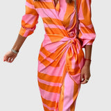 Women's Elegant Wrap Dress with Print - Flattering Fit | Spring - Orange