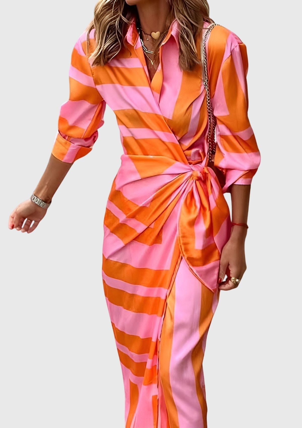 Women's Elegant Wrap Dress with Print - Flattering Fit | Spring - Orange