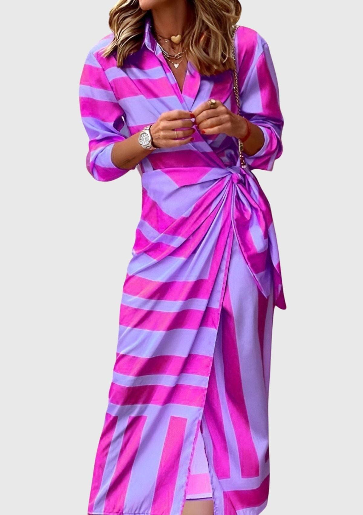 Women's Elegant Wrap Dress with Print - Flattering Fit | Spring - Purple