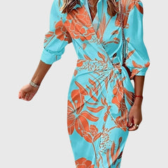 Women's Elegant Wrap Dress with Print - Flattering Fit | Spring - Turquoise