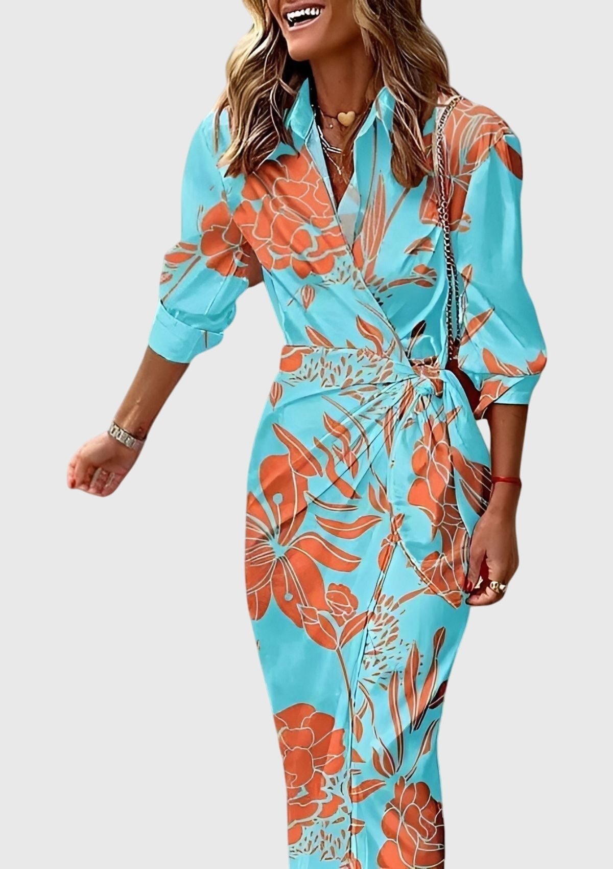 Women's Elegant Wrap Dress with Print - Flattering Fit | Spring - Turquoise