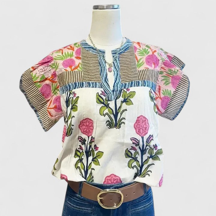 Women's Embroidered Blouse - Relaxed Boho Top | Spring - Multi-Colored