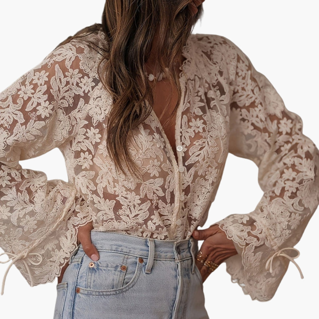 Women's Embroidered Blouse | V-Neck | Flared Sleeves | Spring