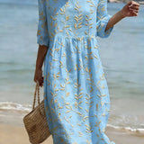 Women's Embroidered Leaf Midi Dress - Round Neck Party Style | Summer - Blue