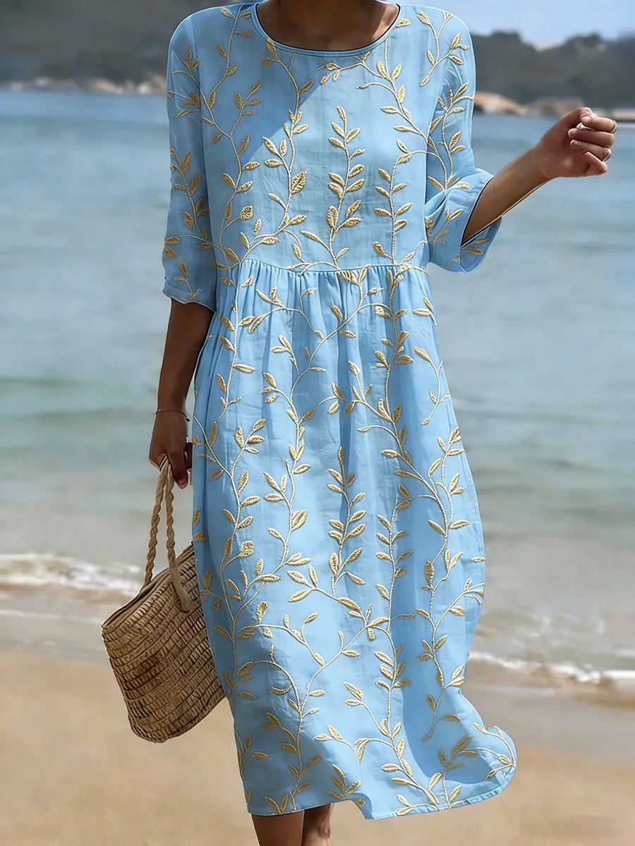 Women's Embroidered Leaf Midi Dress - Round Neck Party Style | Summer - Blue