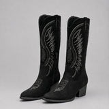 Women's Embroidered Suede Cowboy Boots - Western Pointed Toe | Autumn - Black