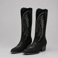 Women's Embroidered Suede Cowboy Boots - Western Pointed Toe | Autumn - Black