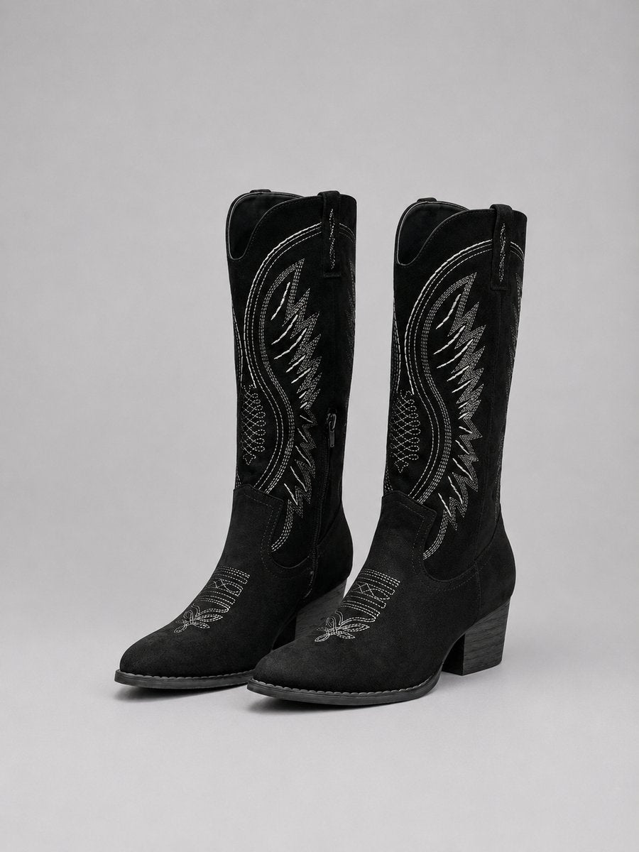 Women's Embroidered Suede Cowboy Boots - Western Pointed Toe | Autumn - Black