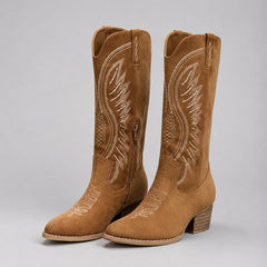 Women's Embroidered Suede Cowboy Boots - Western Pointed Toe | Autumn - Brown