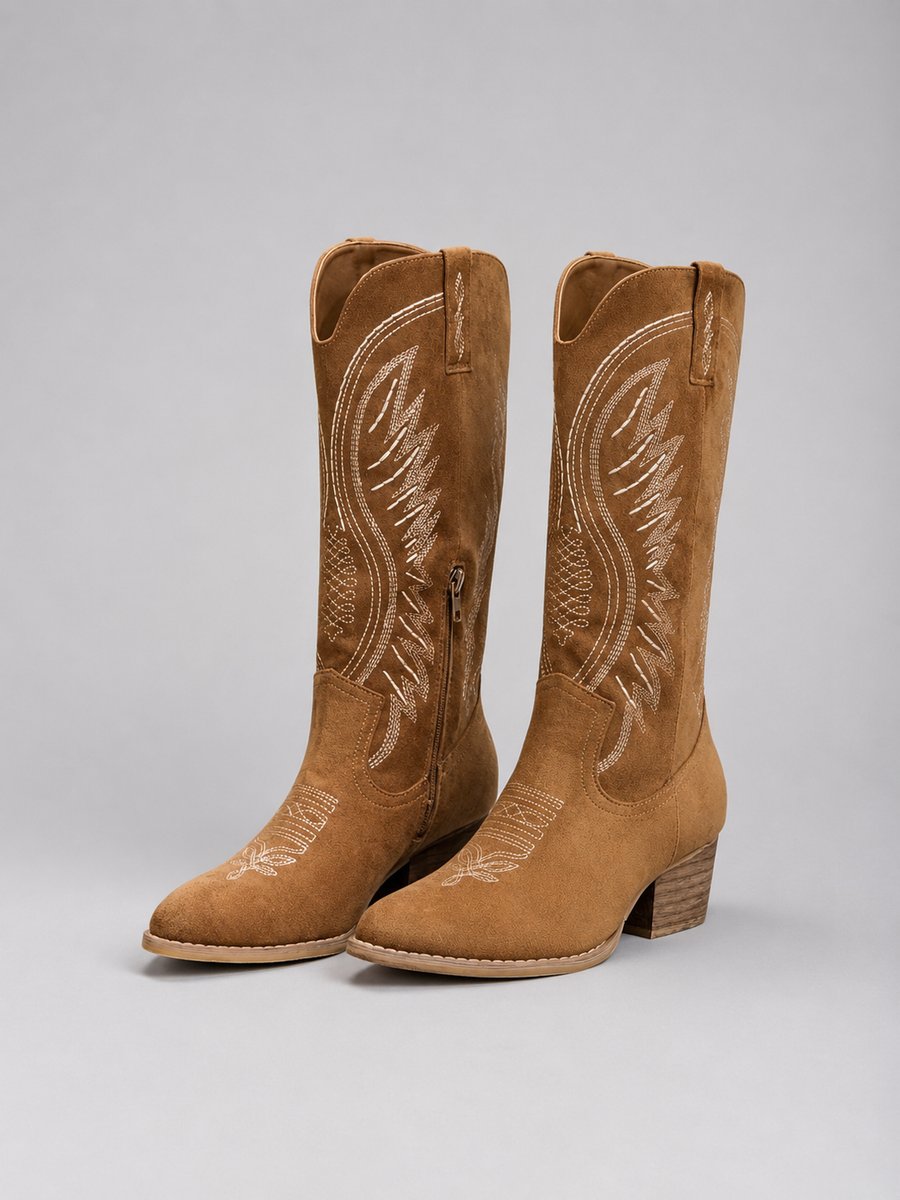 Women's Embroidered Suede Cowboy Boots - Western Pointed Toe | Autumn - Brown