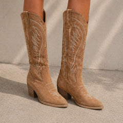 Women's Embroidered Suede Cowboy Boots - Western Pointed Toe | Autumn
