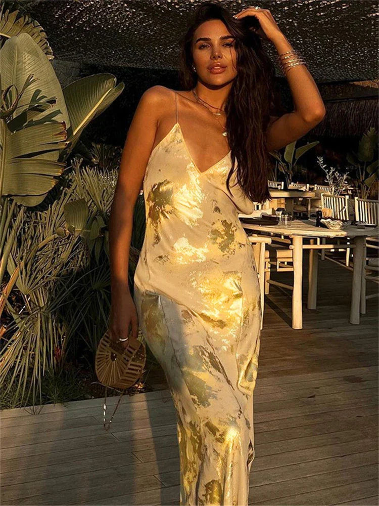 Women's Evening Dress | Spaghetti Strap | Gold | Spring - Gold