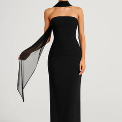 Women's Evening Dress | Strapless | Shawl Detail | Autumn - Black