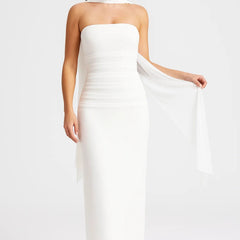 Women's Evening Dress | Strapless | Shawl Detail | Autumn - White