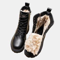 Women's Faux Leather Lace-Up Fleece-Lined Combat Ankle Boots | Winter