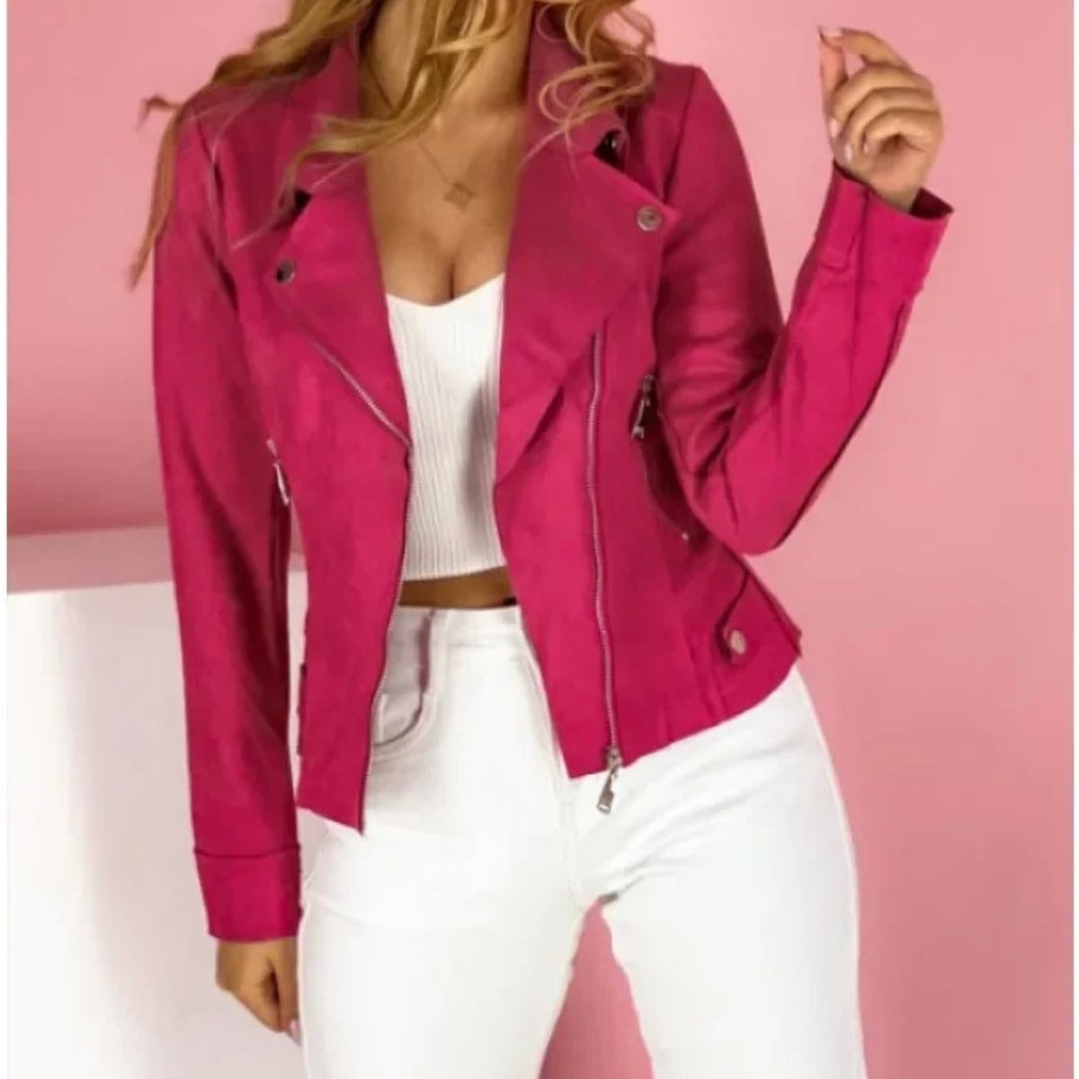 Women's Faux Leather Moto Jacket Convertible Collar | Spring - Pink