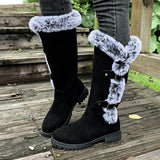Women's Faux-Suede Knee-High Boots with Fur Trim - Buckle Detail - Black