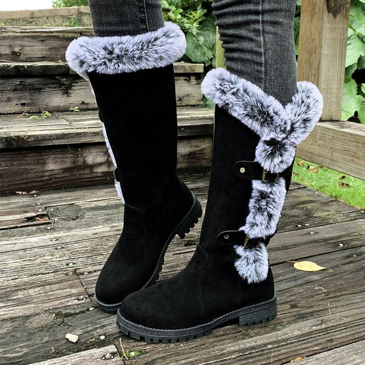 Women's Faux-Suede Knee-High Boots with Fur Trim - Buckle Detail - Black