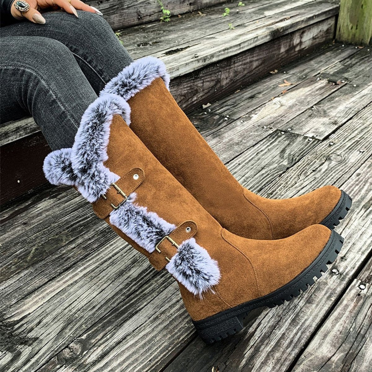 Women's Faux-Suede Knee-High Boots with Fur Trim - Buckle Detail