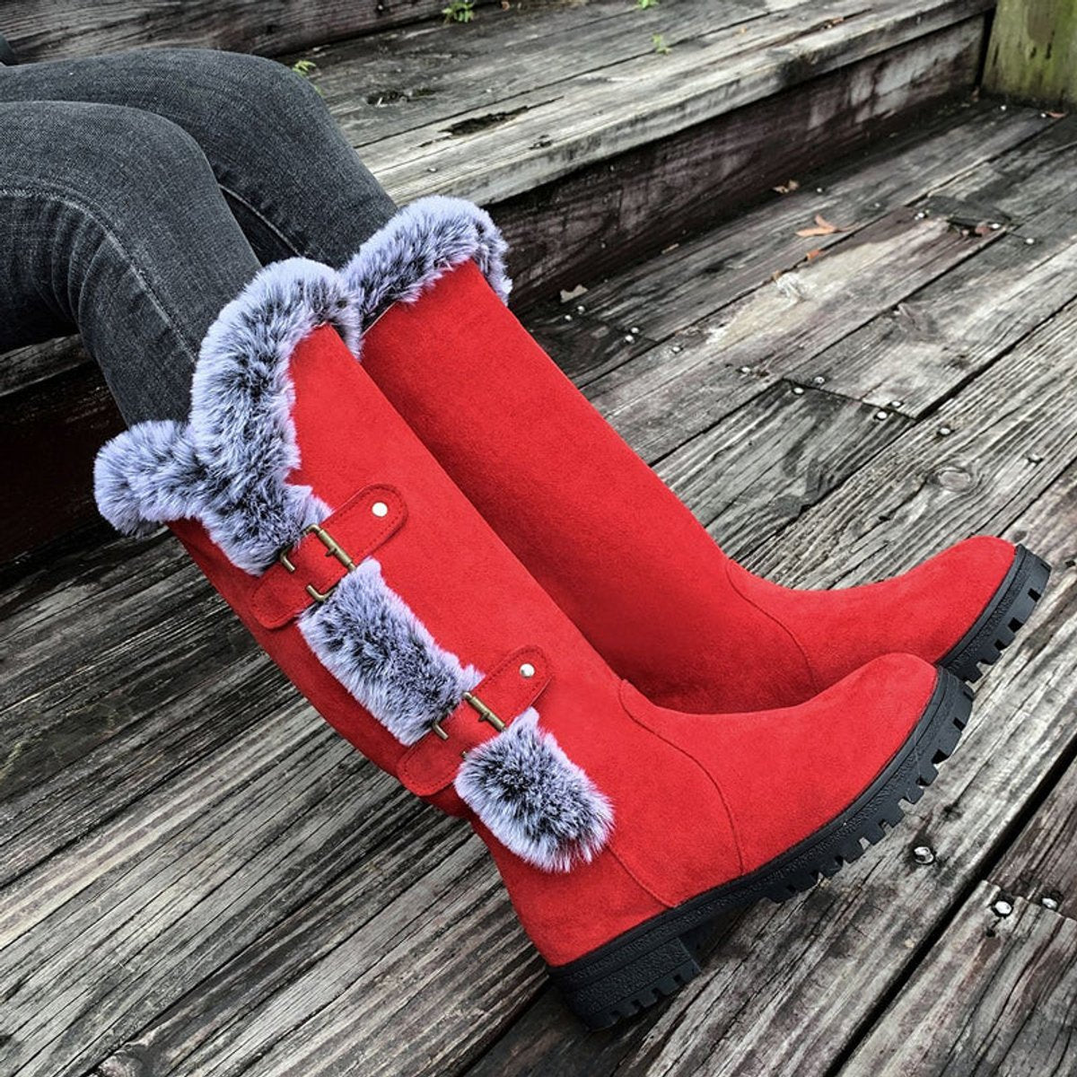 Women's Faux-Suede Knee-High Boots with Fur Trim - Buckle Detail