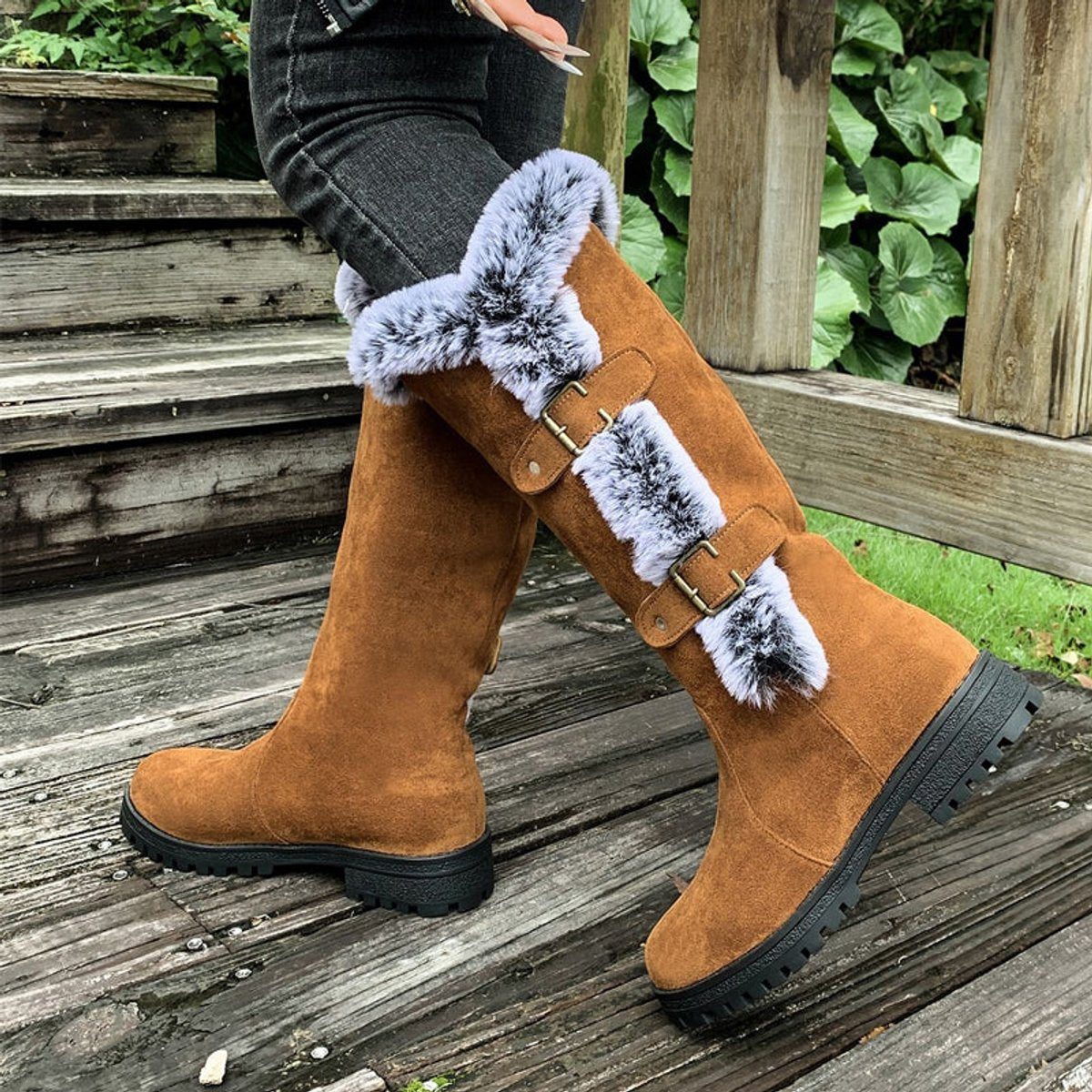Women's Faux-Suede Knee-High Boots with Fur Trim - Buckle Detail