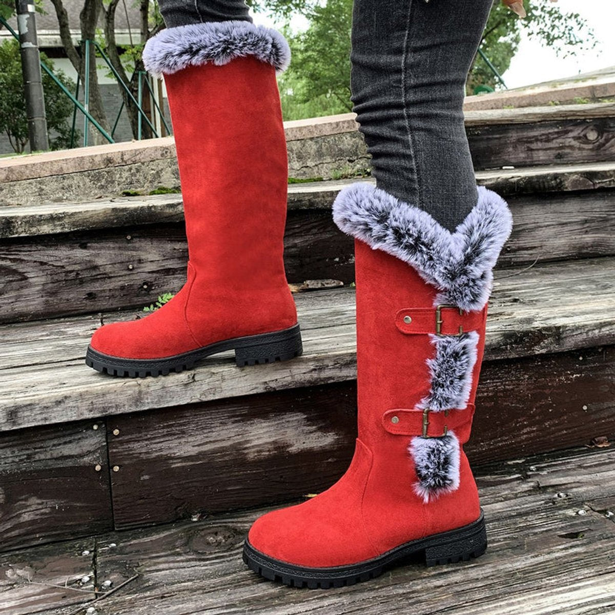 Women's Faux-Suede Knee-High Boots with Fur Trim - Buckle Detail