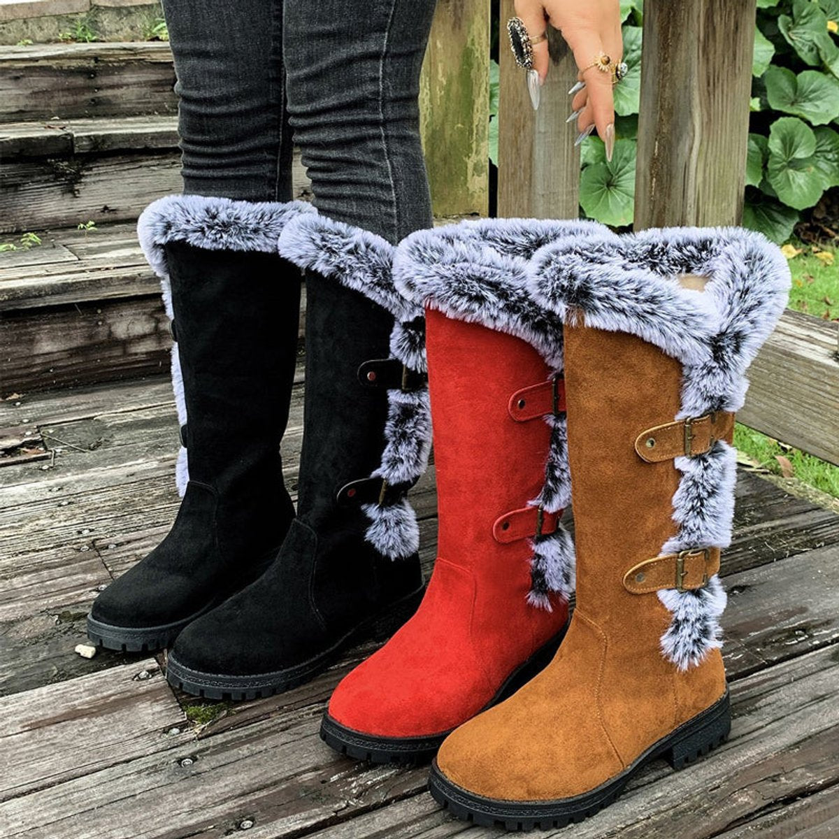 Women's Faux-Suede Knee-High Boots with Fur Trim - Buckle Detail