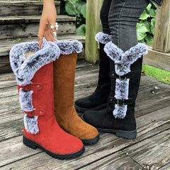 Women's Faux-Suede Knee-High Boots with Fur Trim - Buckle Detail