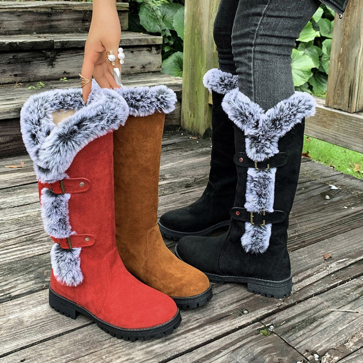 Women's Faux-Suede Knee-High Boots with Fur Trim - Buckle Detail