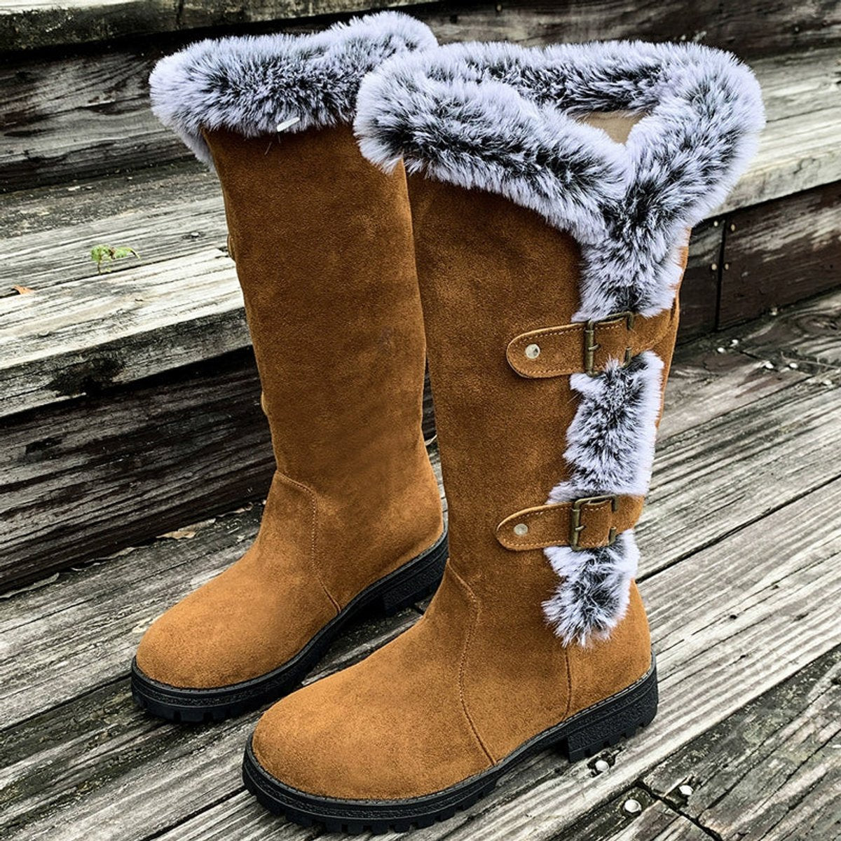 Women's Faux-Suede Knee-High Boots with Fur Trim - Buckle Detail